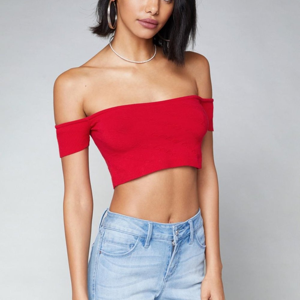 Off Shoulder Bebe Jacquard Logo Crop Top